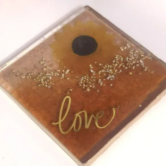 Handmade Resin Sunflower Coaster Set With Holder Inspirational Rustic Farmhouse - Picture 10 of 12